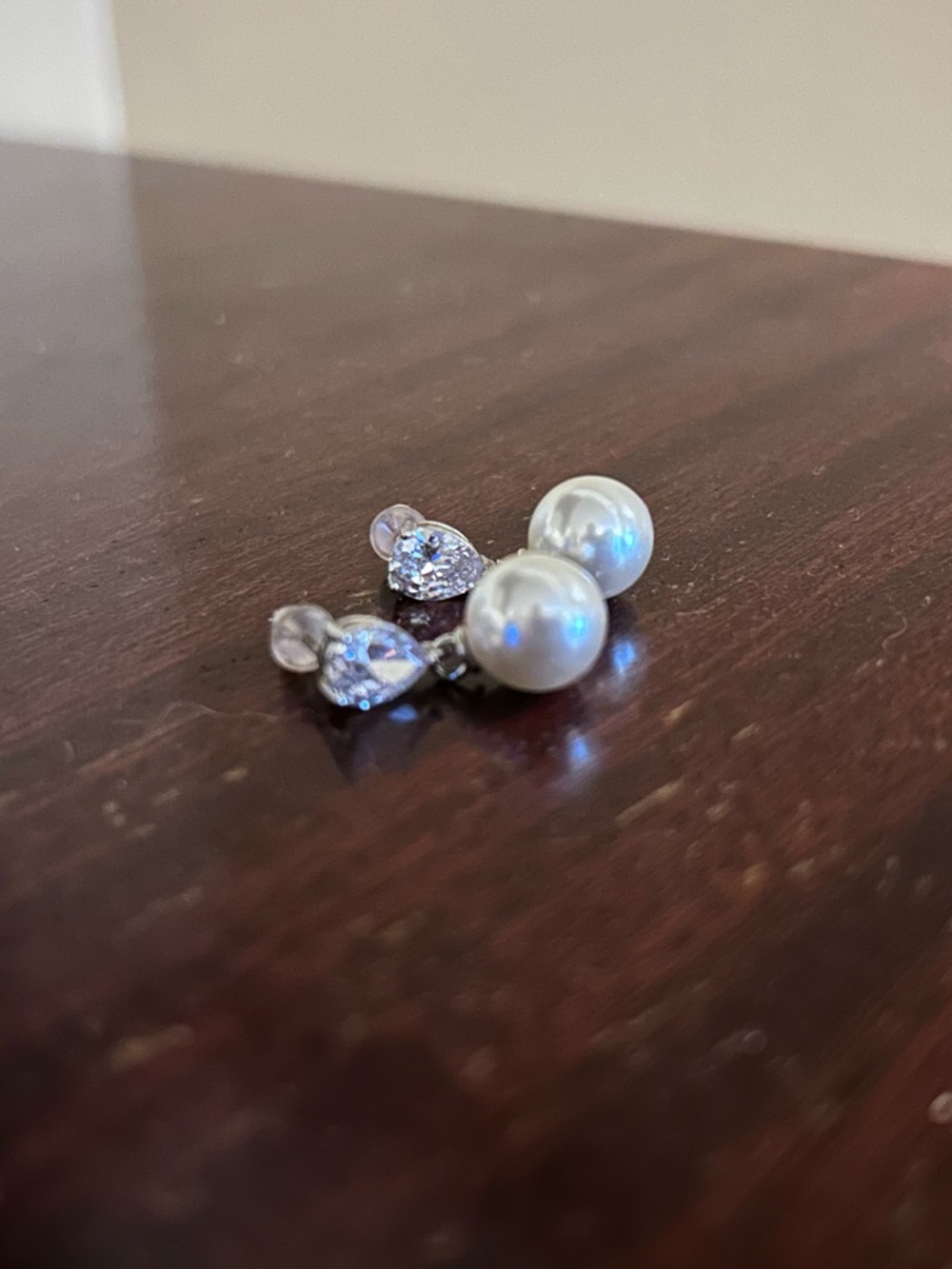 Faux Pearl and Crystal Drop Earrings - White Pearlescent